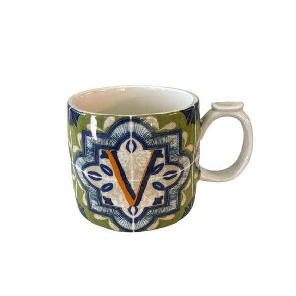 Anthropologie Mezze Monogram Initial V Green Blue Tile Design Coffee Tea Mug Cup - Picture 1 of 8